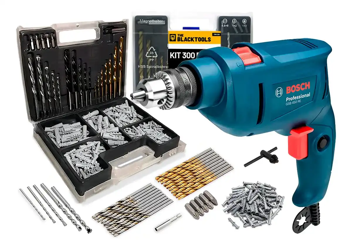 Furadeira de Impacto Bosch 450W 10mm GSB 450 RE com Jogo de Brocas Bits 300 Pecas