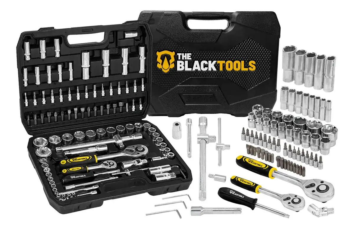 Jogo De Ferramentas Soquetes Encaixe 1/4 E 1/2 Pol. Catraca Reversivel Aco Crv 94 Pecas Com Maleta Tkf94 The Black Tools