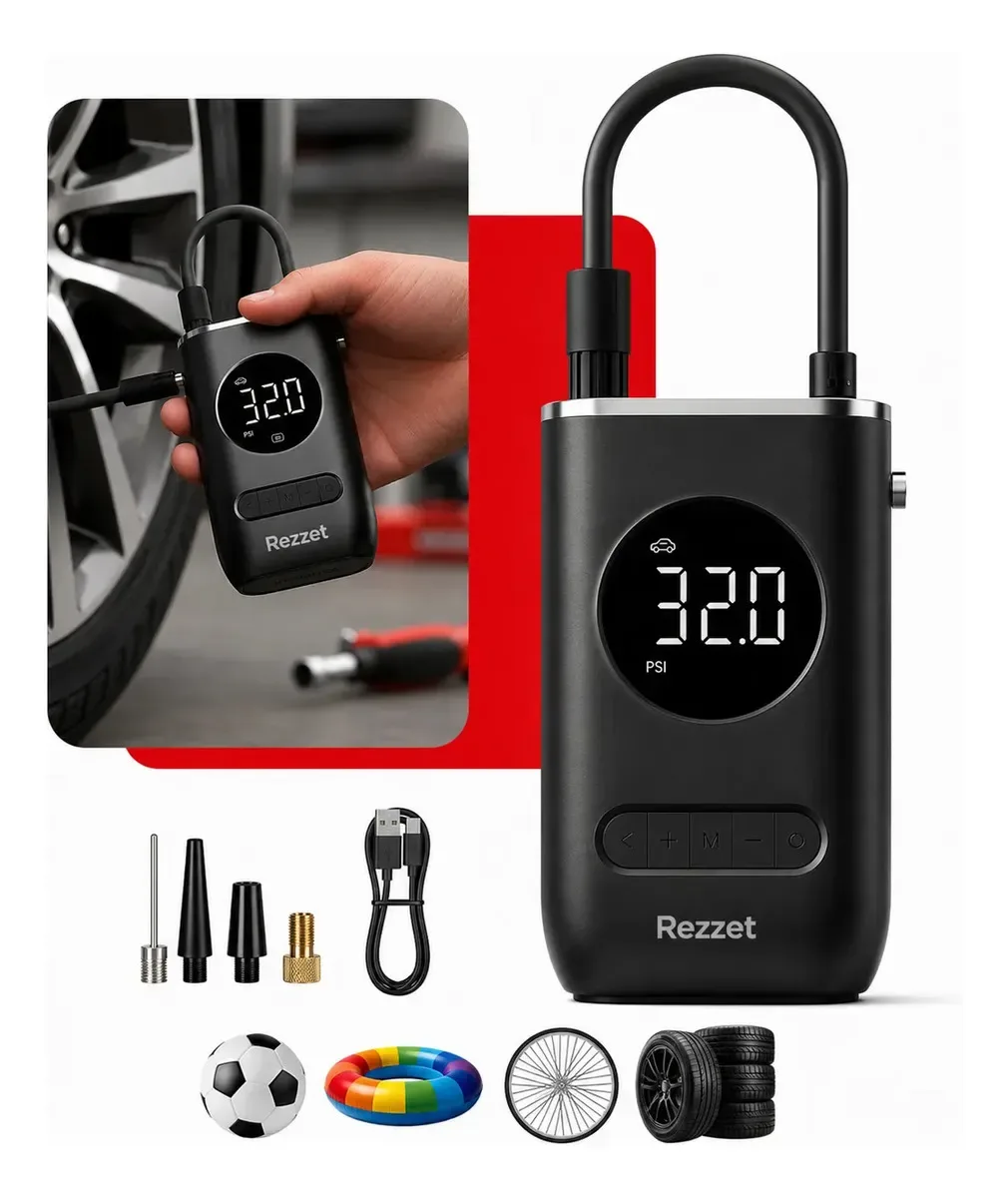 Mini Compressor Digital Portátil Rezzet para Carro Moto e Bicicleta com Calibrador Digital Inflador Elétrico de Pneus 12V Display LCD Lanterna LED Compacto e Recarregável Preto