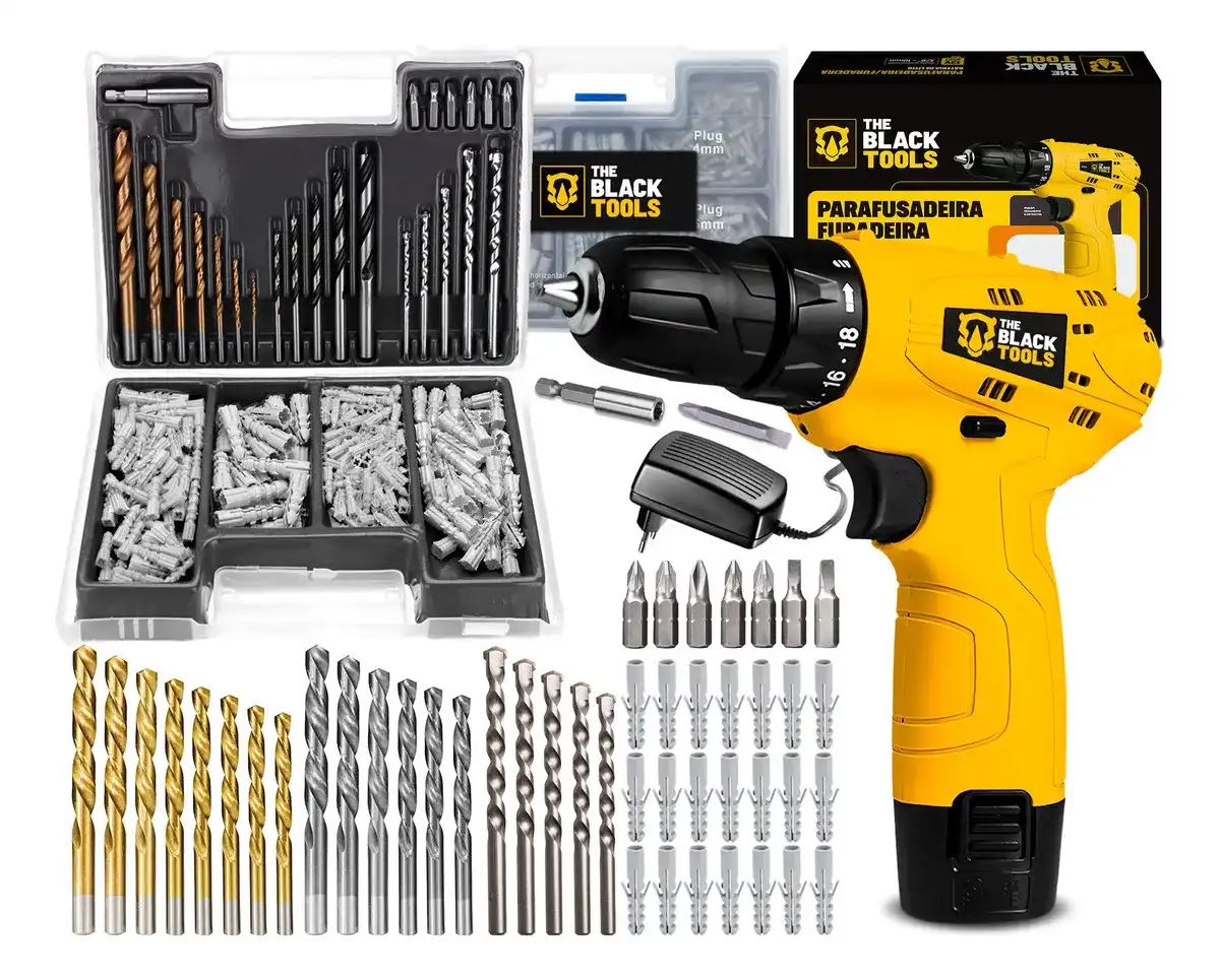 Parafusadeira Furadeira 3/8 A Bateria Tb12a The Black Tools Jogo Brocas E Buchas 300 Pecas