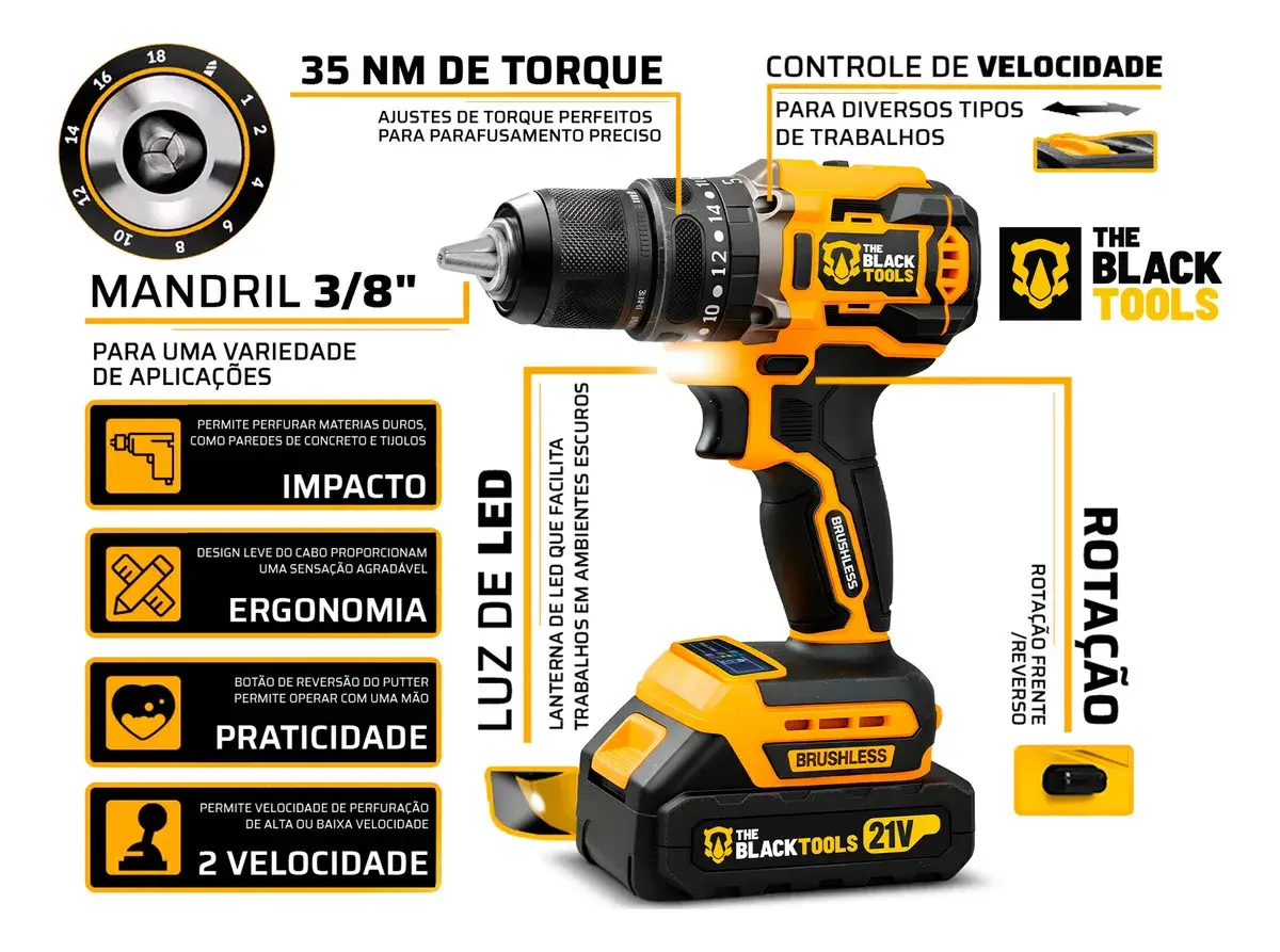 Parafusadeira Furadeira De Impacto Profissional Sem Fio 2 Baterias 21v Com Maleta Tb-21yx The Black Tools
