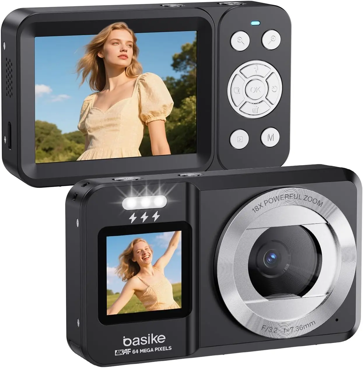 Basike Camera Fotografica Digital 4K UHD 64MP, Zoom 18X, Tela Dupla com Flash, Foco Automatico e Funcao Webcam, para Iniciantes, Jovens e Viagens, Compacta, Criativa e Portatil – Preto