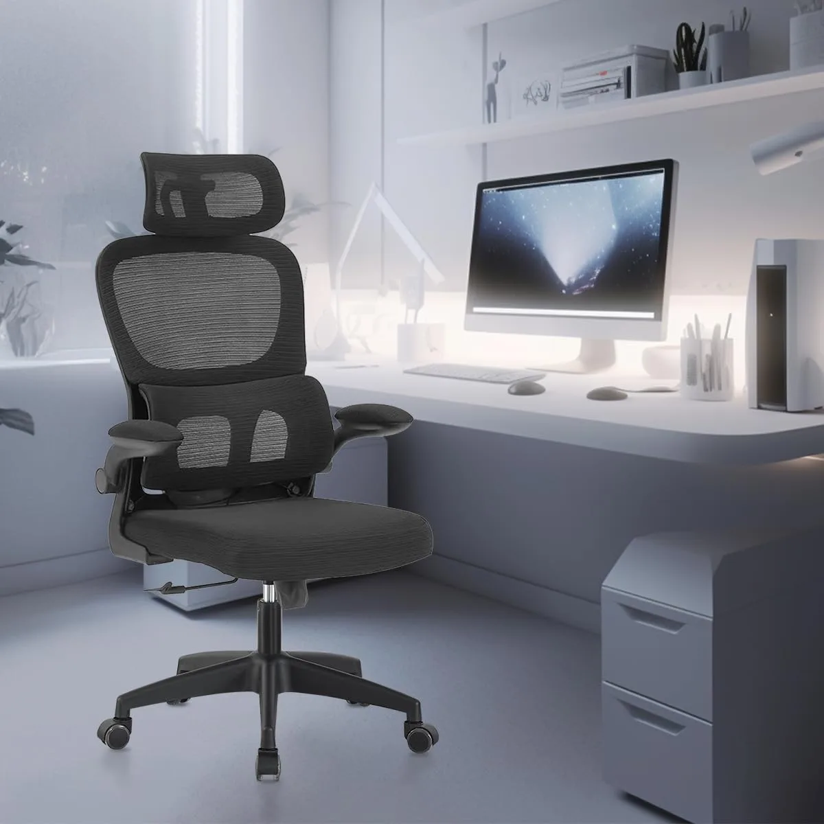 Cadeira de escritorio, design ergonomico com suporte lombar independente, malha respiravel e encosto de cabeca ajustavel (Preto)