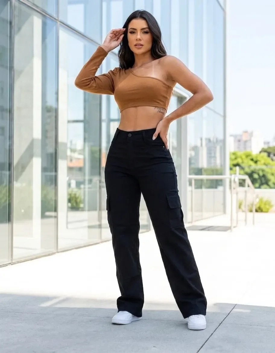 Calca Cargo Feminina Wide Leg Cintura Alta Jeans Stillger