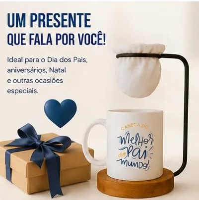 Caneca Melhor Pai do Mundo com Mini Coador de Cafe Individual | Kit Dia dos Pais | Suporte em Metal, Base de Madeira e Filtro de Pano Reutilizável | Presente Criativo para Pai