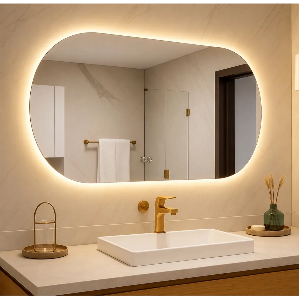 Espelho Oval Organico com LED Luz Quente e Fria 80x50 e 40x50 para Banheiro Lavabo Penteadeira