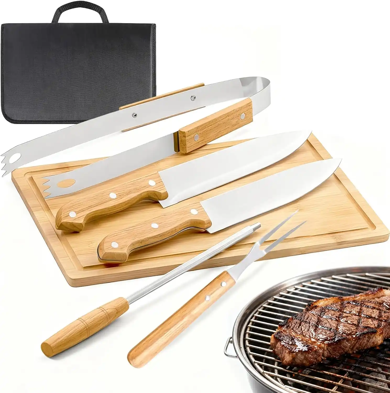 Jogo de Churrasco Tradicional 6 Pecas, Kit Churrasco com Tabua, Faca Churrasco, Garfo Trinchante, Pegador para Carne e Afiador, Laminas em Aco Inox, com Bolsa Portatil, Ideal para Camping e Viagens
