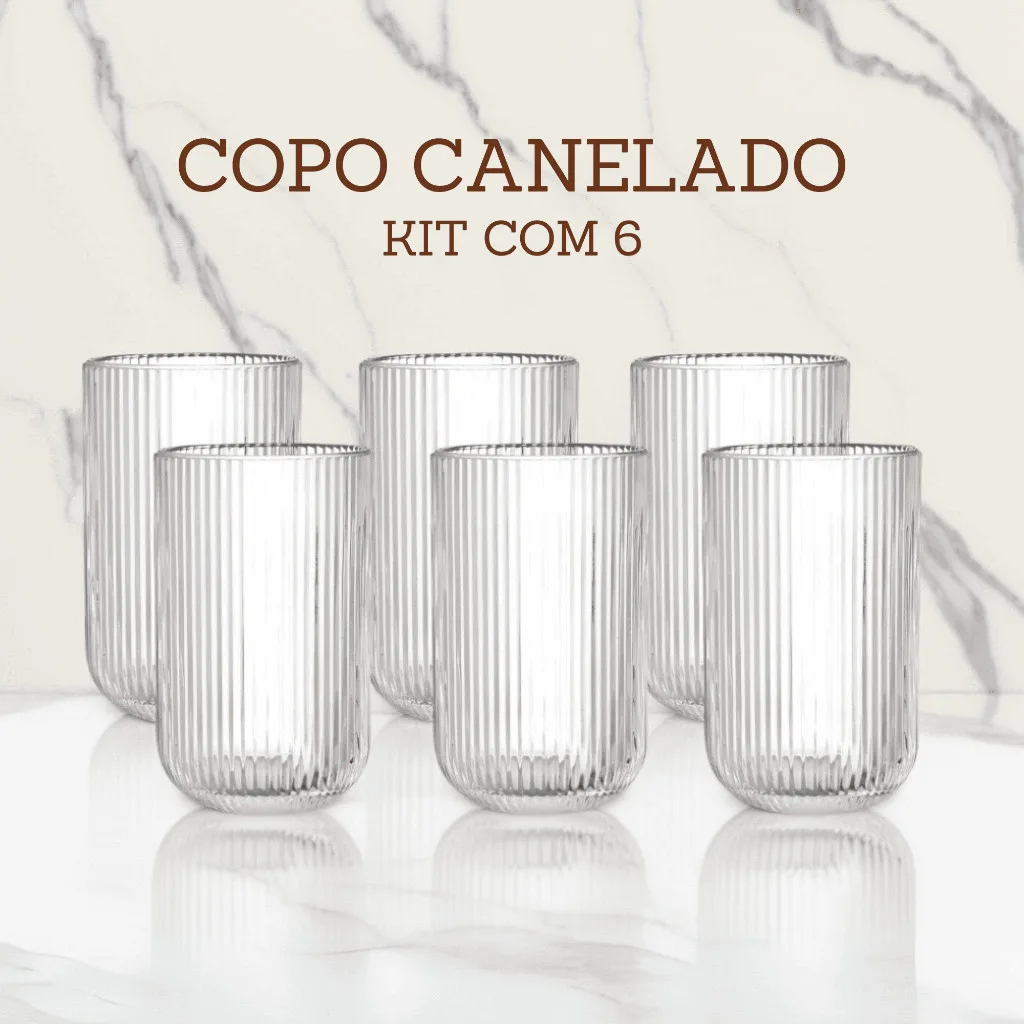 Jogo De Copos 6 Pecas De Vidro Cameratta Canelado 420ml Suco Agua