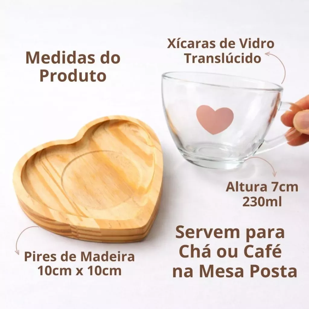 Jogo Xicaras Cafe Che com Pires de Madeira Coracao Cantinho do Cafe - Mesa Posta Cafe da Manha