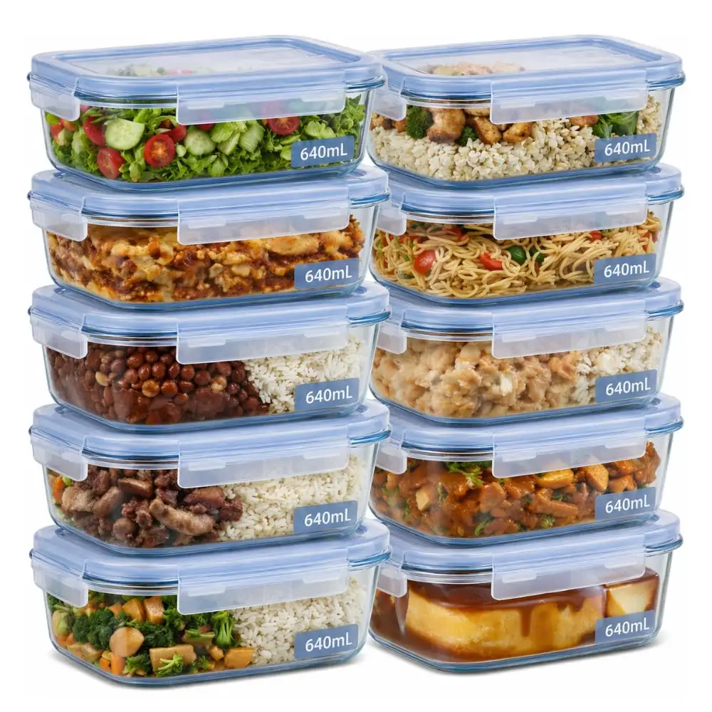 Kit 10 Potes de Vidro Hermeticos 640ml com 4 Travas Ideal para Marmitas e Conservacao de Alimentos, Vedacao Total, Refratario para Forno e Freezer