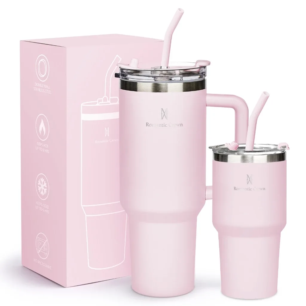 Kit 2 Copo Termico Inox Portatil 1200ml/600ml Garrafa Termica Inoxidavel com Tampa e Canudo
