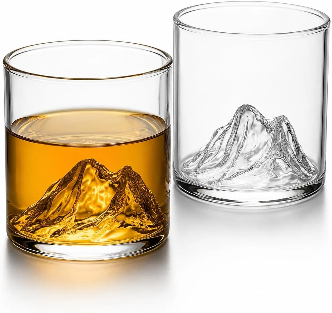 Kit 2 Copos Whisky Design Montanha Everest 300ml Cristal Transparente Premium Vidro Reforcado Drinks Luxo