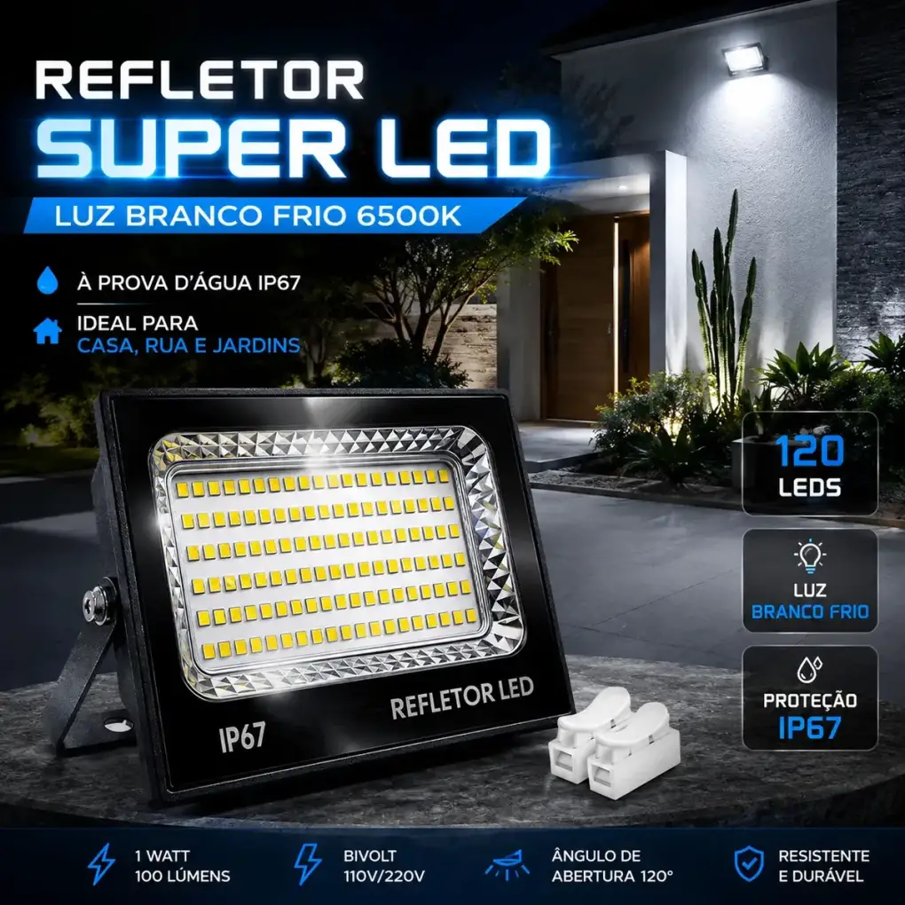 Kit 2 Refletor Super Led 400w Ip67 Holofote Bivolt Prova D agua Branco Frio 6500k Preto