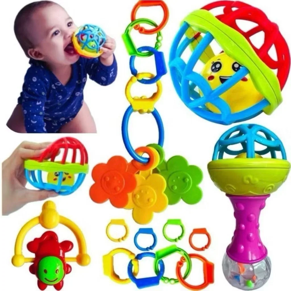 Kit 8 Brinquedos Bebe Chocalho Mordedor Silicone Macio Bola Colorida Para Meninas/Meninos Mobile
