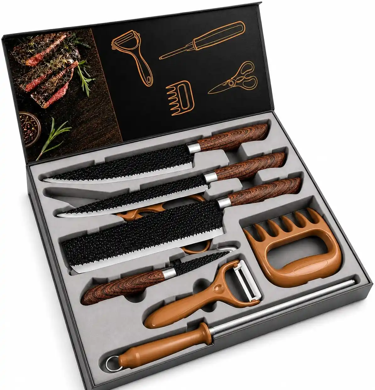 Kit Churrasco 8 Pecas Facas Aco Inox Antiaderente com Estojo - Amadeirado