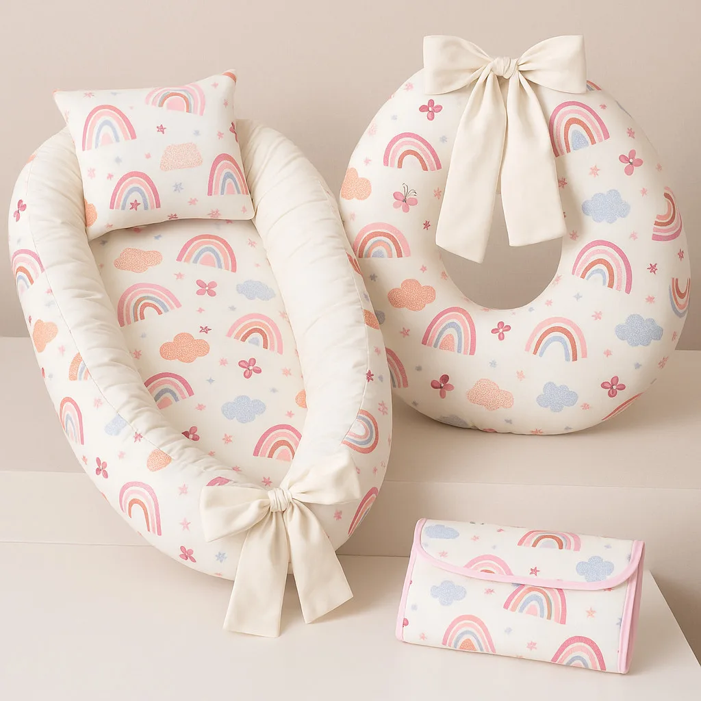 Kit enxoval de bebe –Almofada de Amamentacao + Ninho Redutor de Berco + Trocador Portatil Estampado
