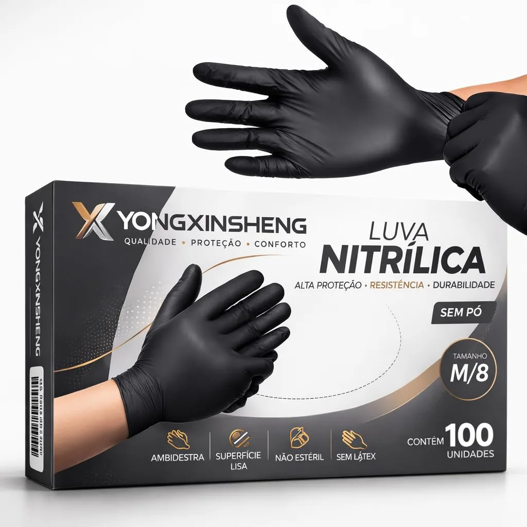 Luva Nitrilica Preta Premium | Sem Po Antiderrapante | 100 Unidades Descartavel | P, M e G