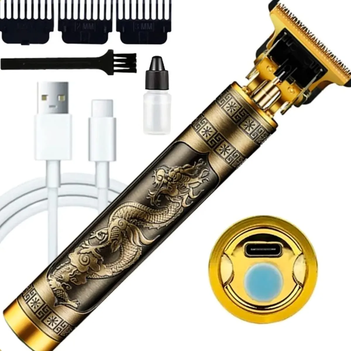 Maquina Profissional Dragao Acabamento Sem Fio Cabelo Barba Pezinho Personalizada Com Limitador de Lamina Ajustavel Recarregavel 4 Pentes Oleo Escovinha Kit Conjunto Aparador Acabamento
