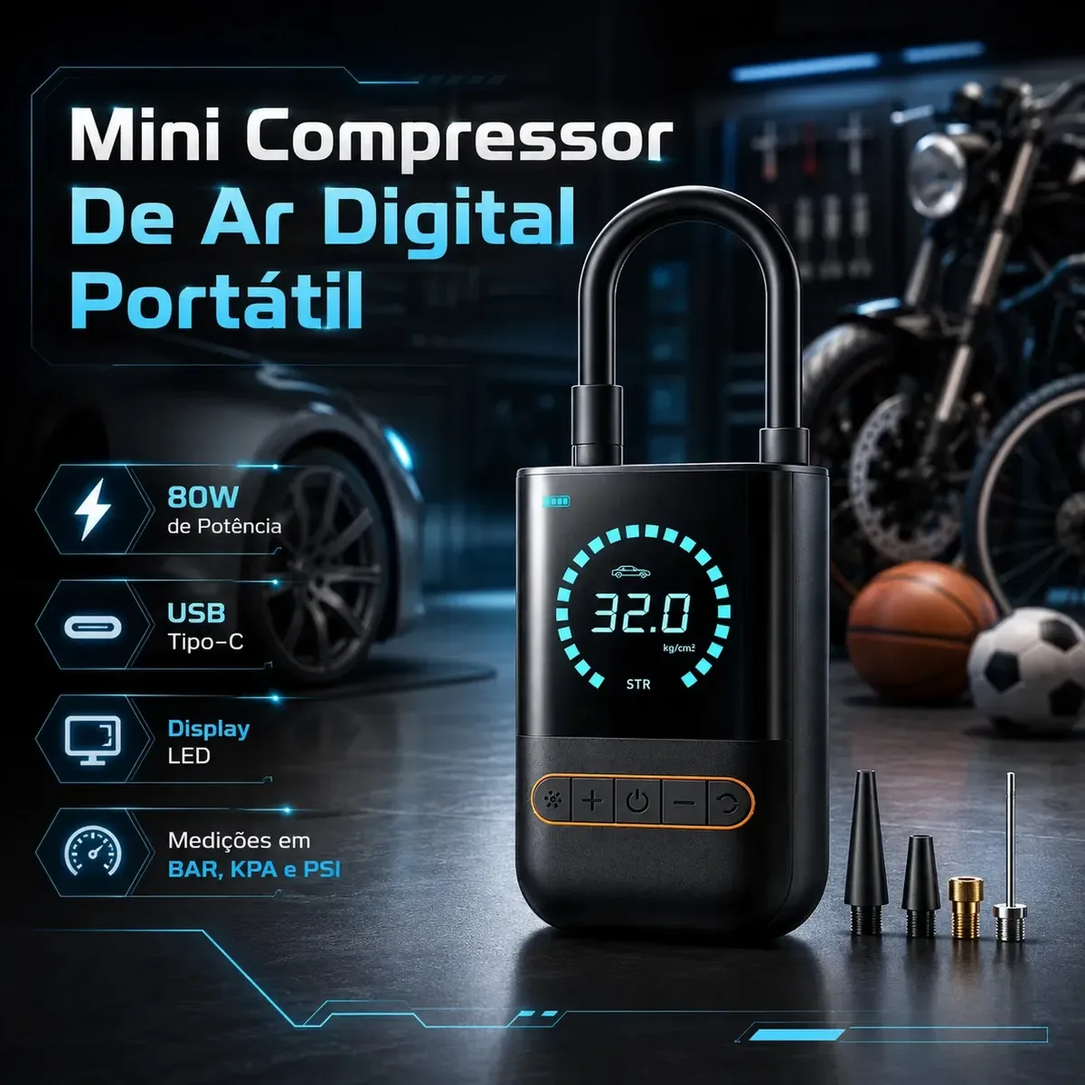 Mini Compressor De Ar Digital Para Pneus Carro Moto Bike 150psi Recarregavel 4000mah
