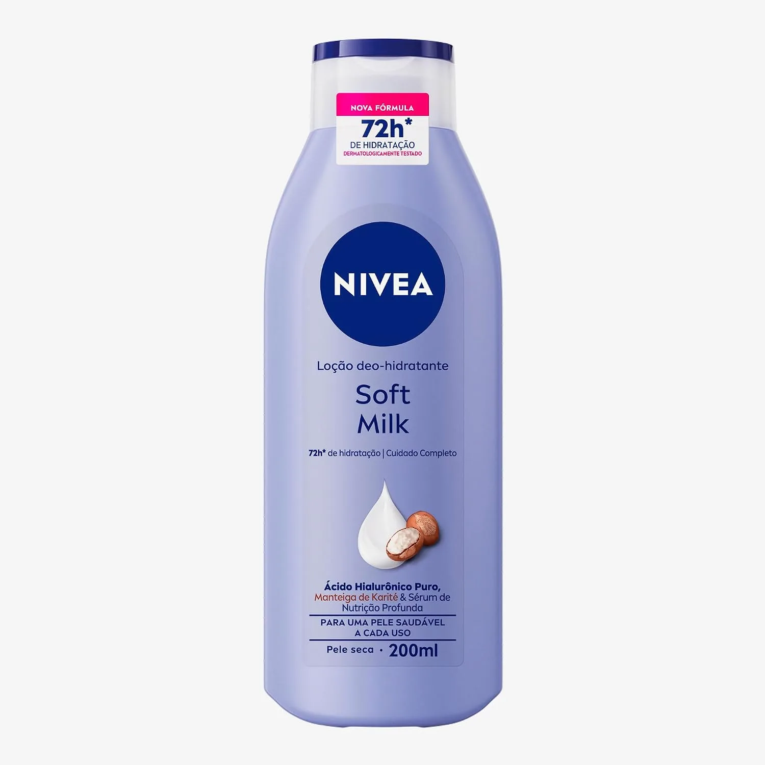 NIVEA Locao Deo-Hidratante Soft Milk 200ml, Hidratacao Profunda 72h, Hialuronico Puro, Corporal, Pele Seca