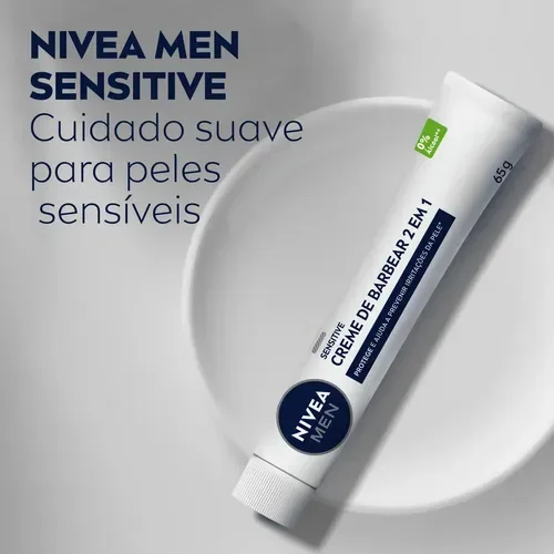 NIVEA MEN Creme de Barbear Sensitive 2 em 1 65g, Protege a Pele, Previne Irritacoes, Deslizamento Suave, Extrato de Camomila, Pele Sensivel