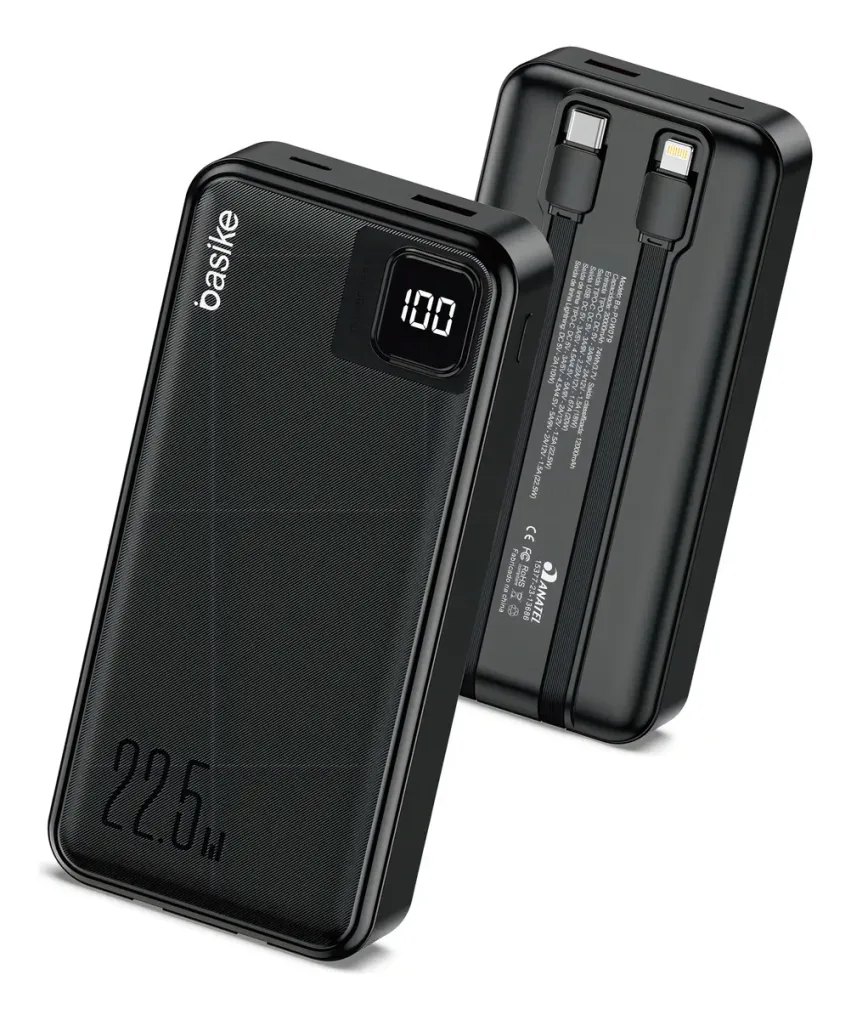 Power Bank Basike 20000mAh Preto, Carga Rapida 22.5W para iPhone e Samsung, Com Cabos Embutidos e Display